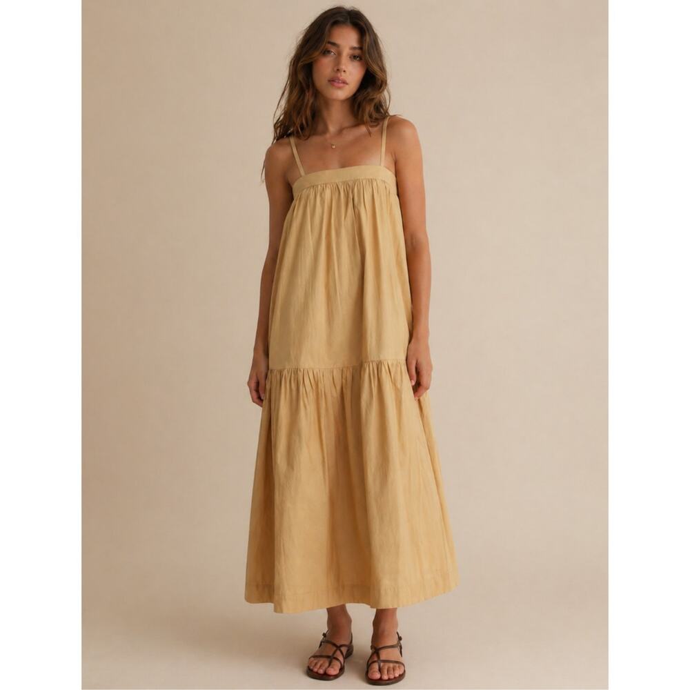 For Days Poplin Dress Womens M Khaki Sleeveless Tiered Midi Maxi NWT